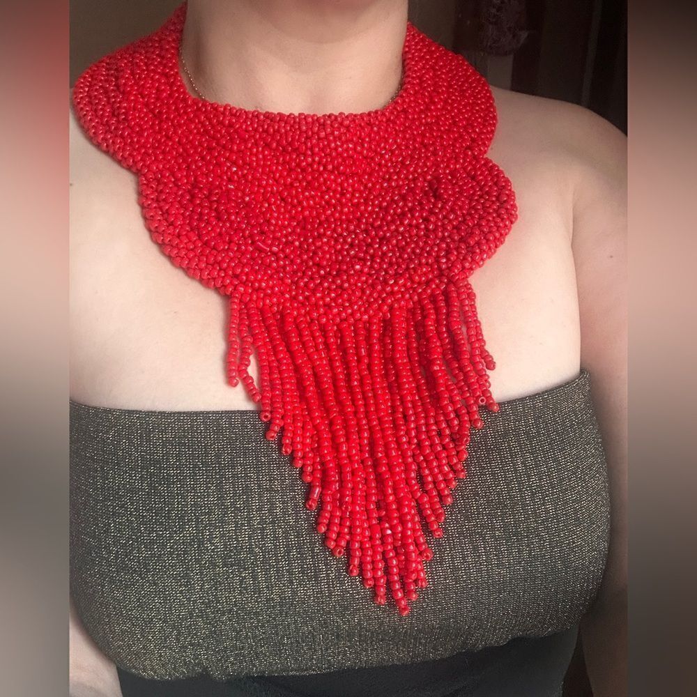 Bold Red Beaded Statement Necklace Glamorous & Un… - image 2
